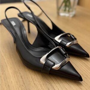 Zara Black Pointed Slingback Pumps with Silver Buckle Detail